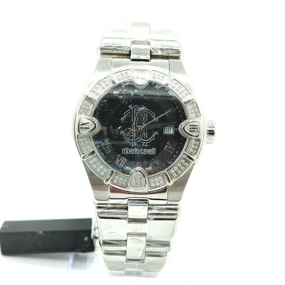 New Roberto Cavalli Watch 11310 Diamond time 40mm Men's Black X Silver 2243287 - Picture 1 of 8